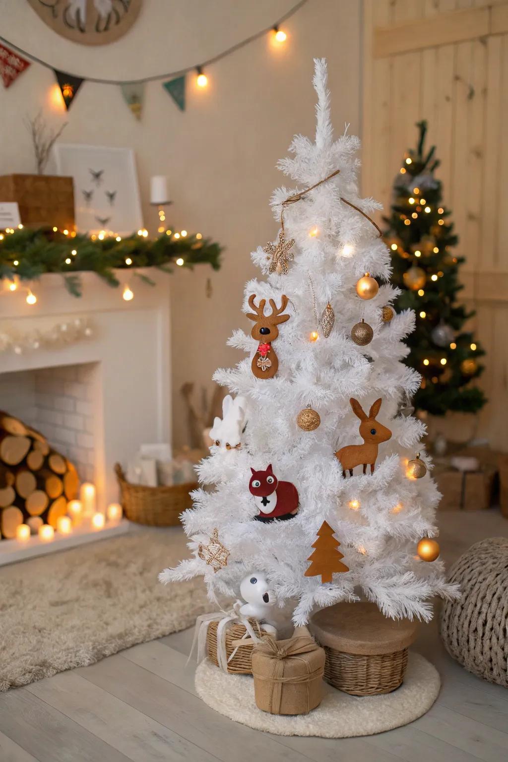 Charming woodland beings on a white Christmas tree.