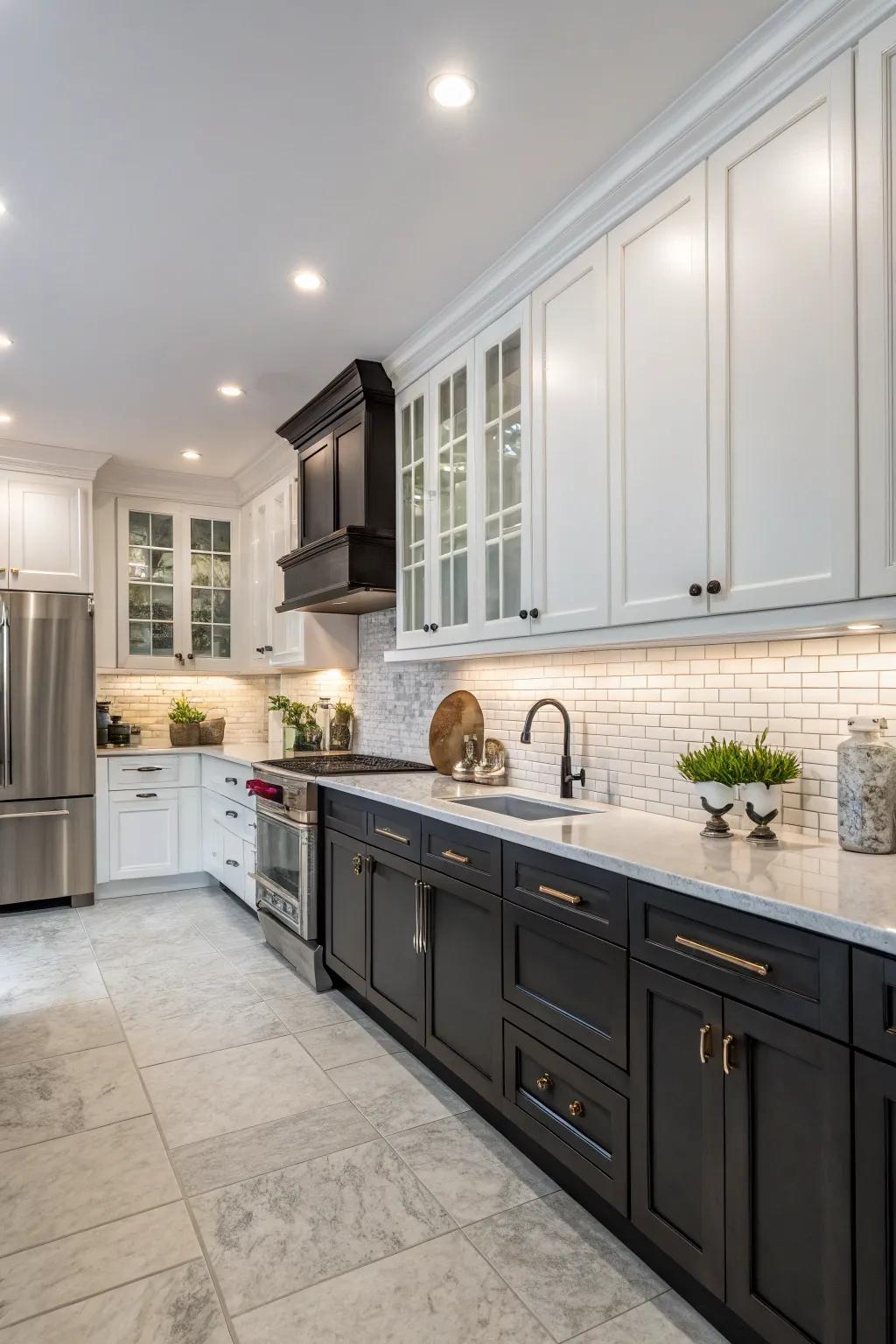 Two-tone cabinets offer a stylish contrast in the kitchen.