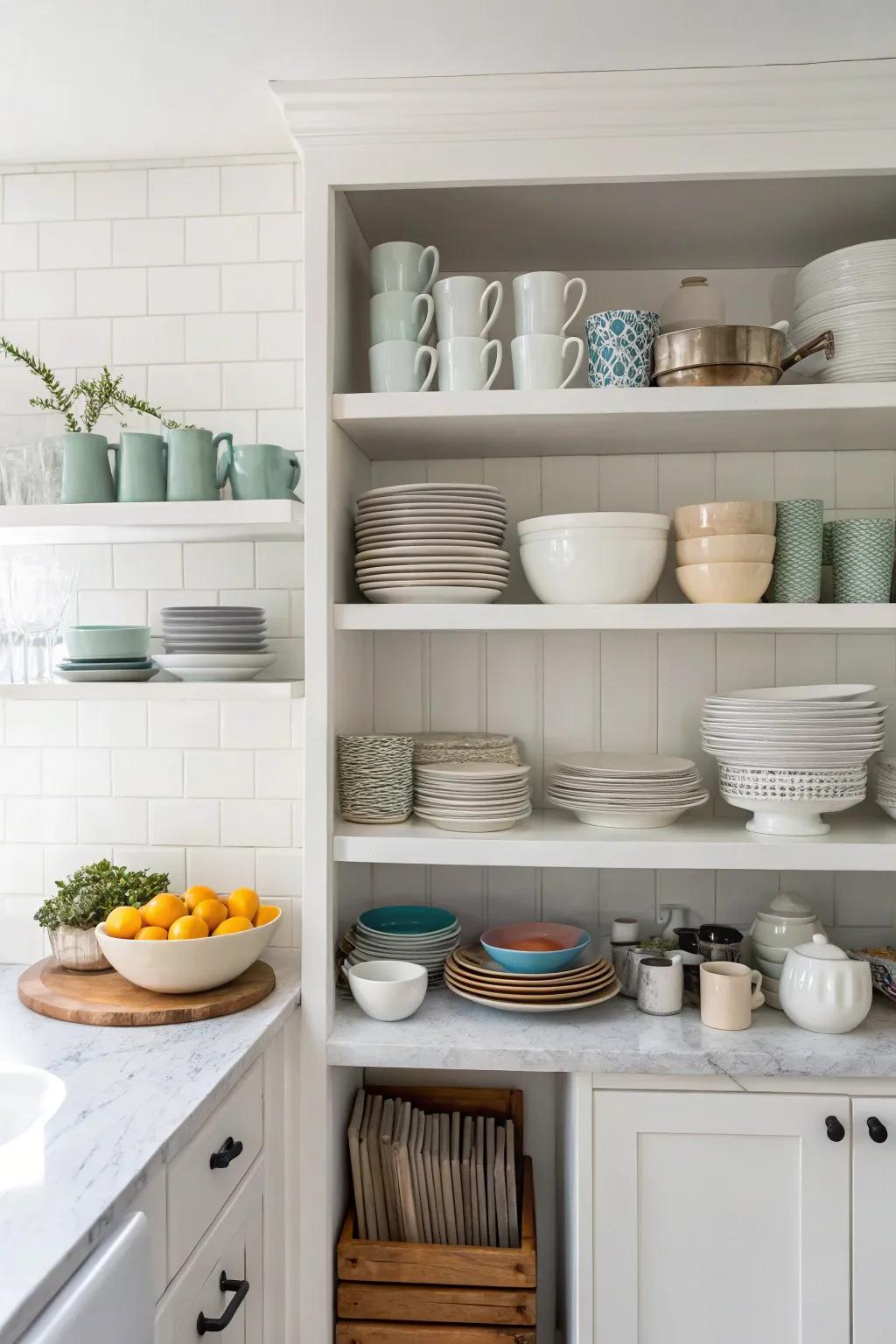 Exposed shelving adds design and usefulness to the white kitchen.