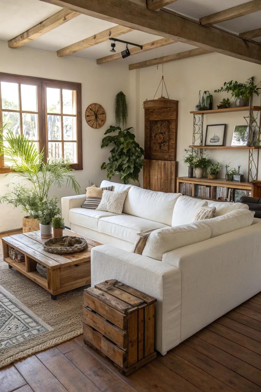 Nature conscious items bring character to a living room featuring a white sectional.
