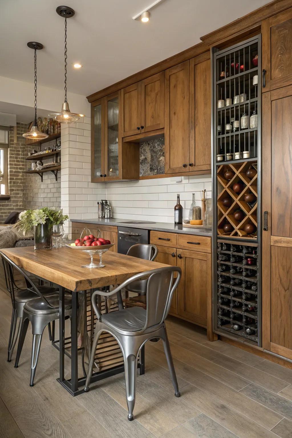 An eclectic material blend imparts texture to wine storage.