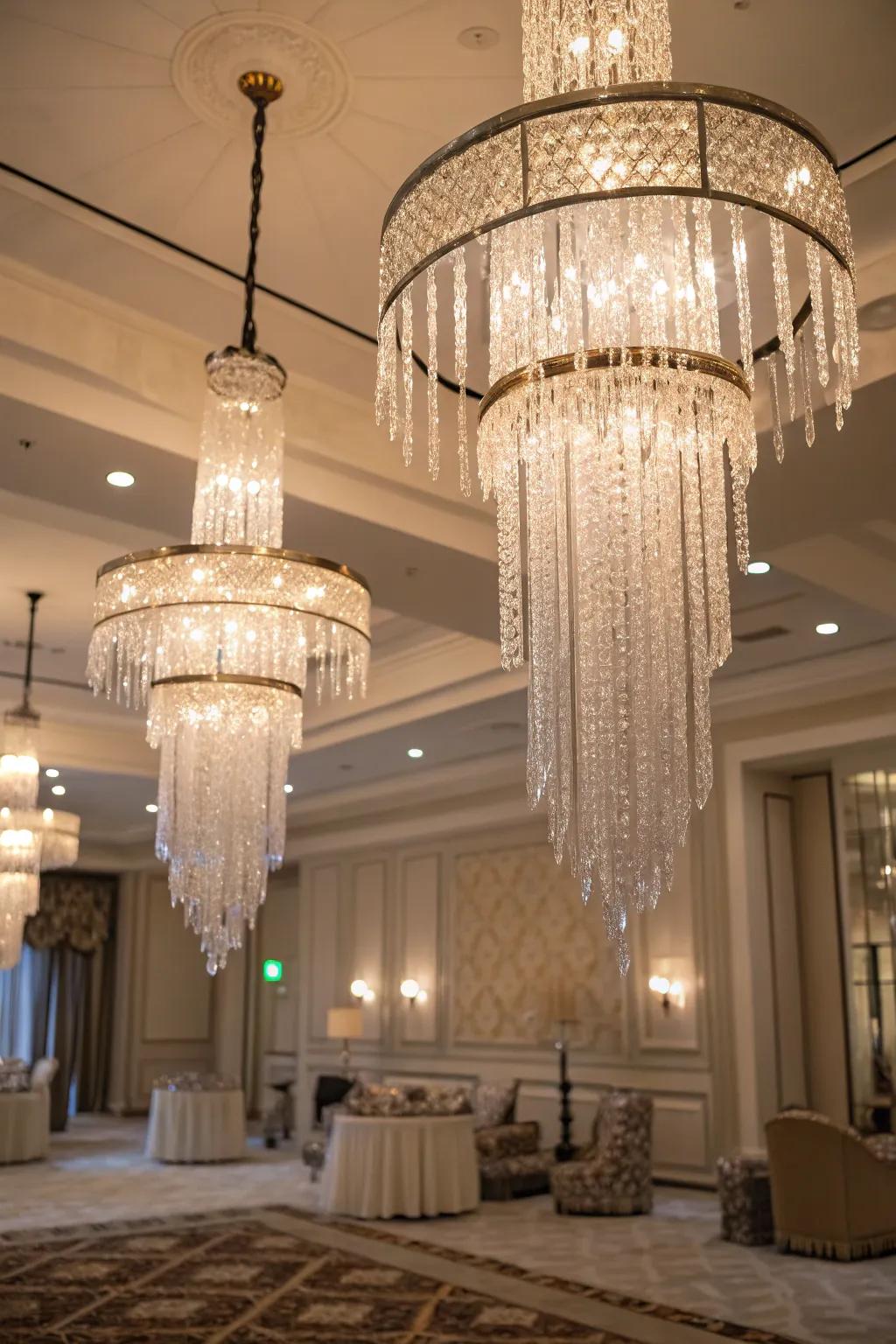 Icicle candelabras contribute dramatic, elegant illumination.