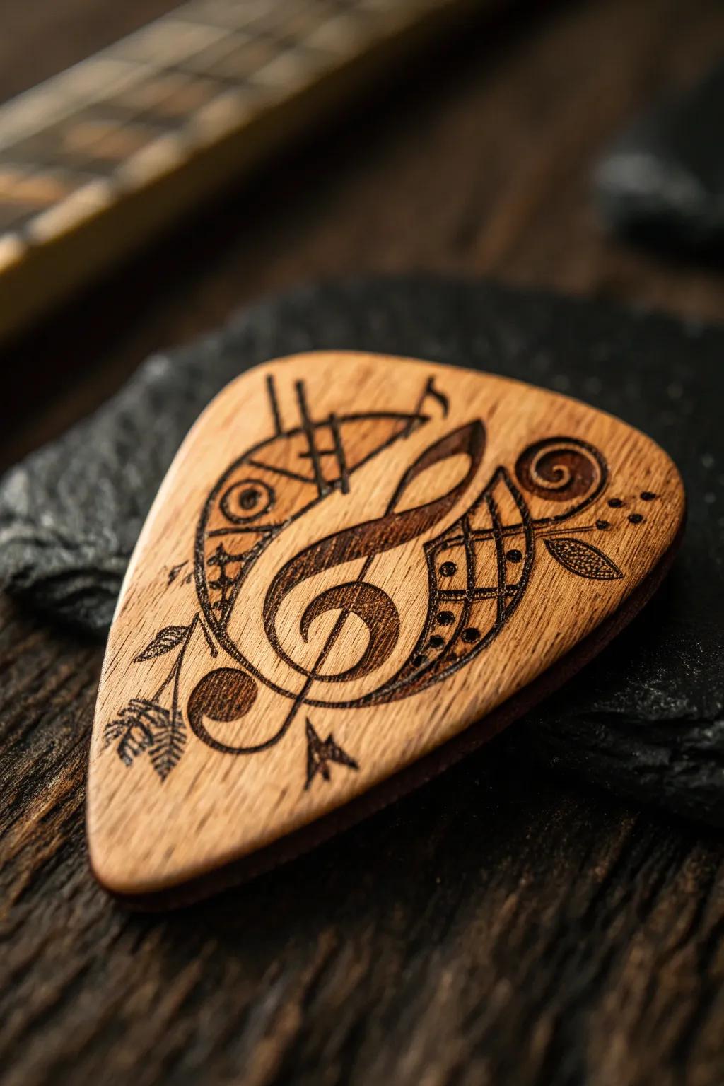Strike a chord with handcrafted elegance: Discover the charm of wood-burned guitar picks.
