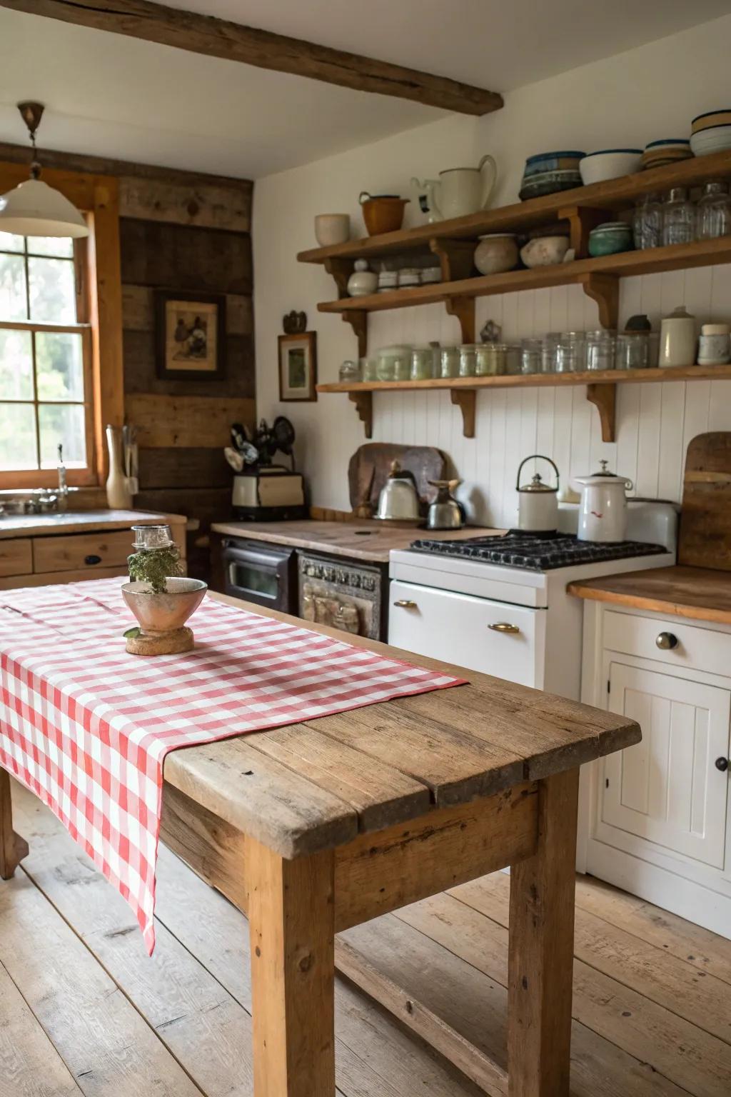 Expansive plank timber counters for a classic farmhouse impression.