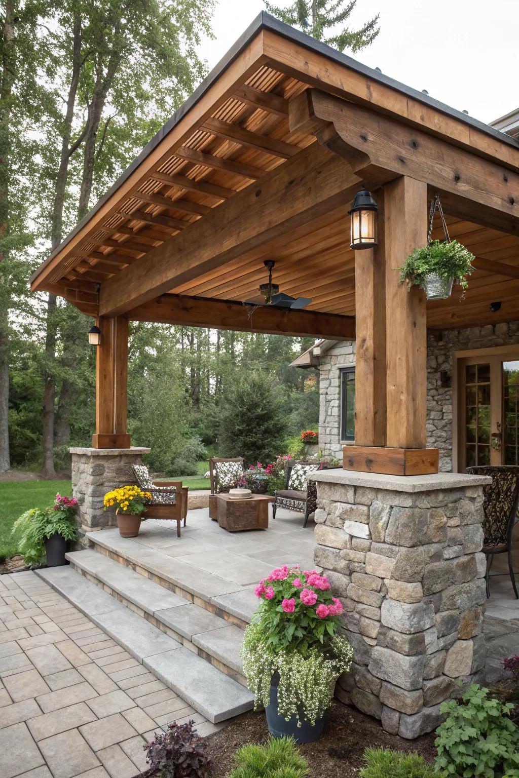 A rugged patio cover blending stone and timber.