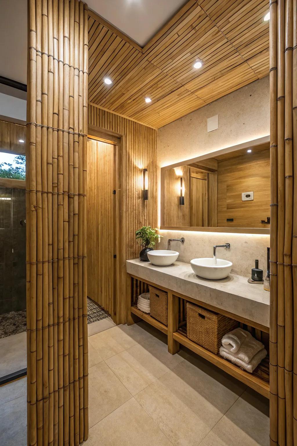 Nature-friendly beauty with bamboo wood walls.