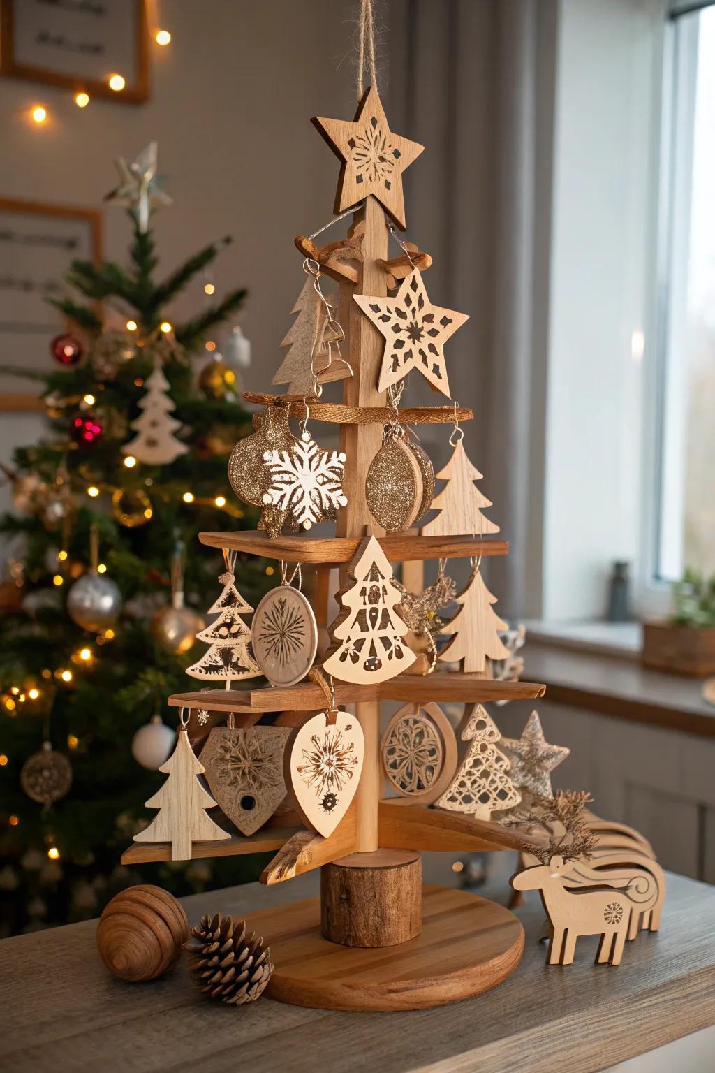A quirky tree adorned with charming wood sculptures.