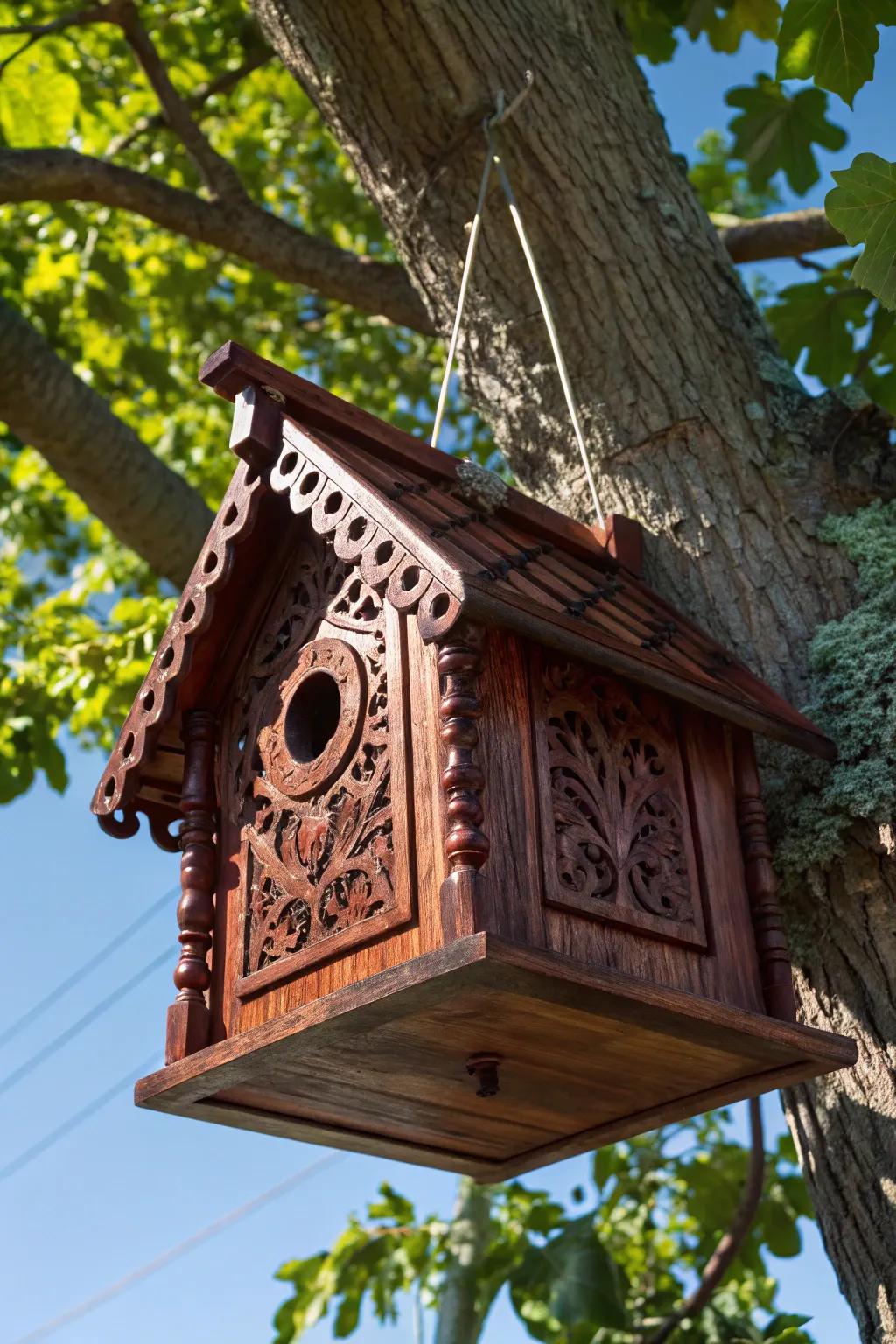 Invite nature in style with this handcrafted wooden birdhouse, a masterpiece of craftsmanship.