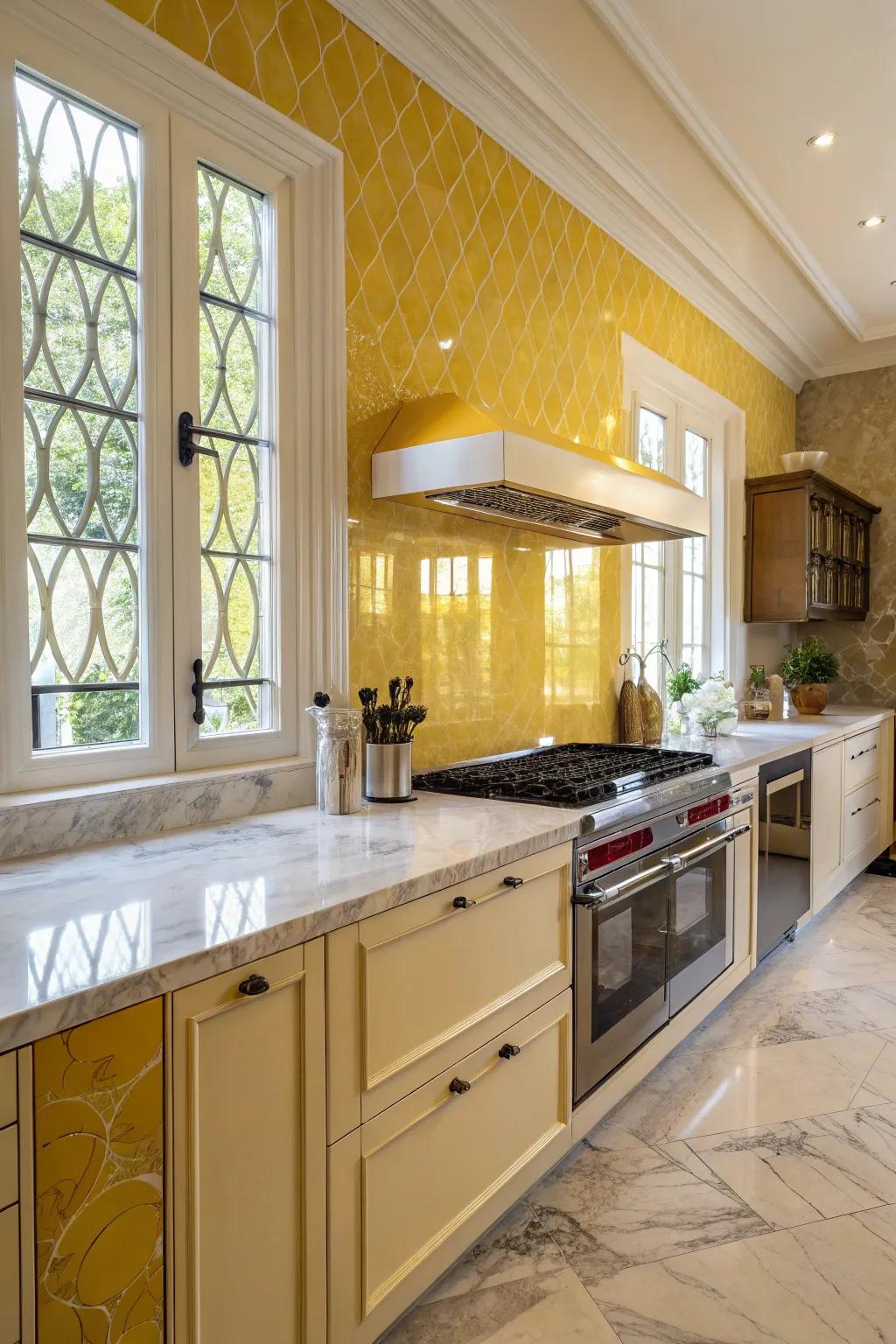 Marble countertops add sophistication to the goldenrod backsplash.