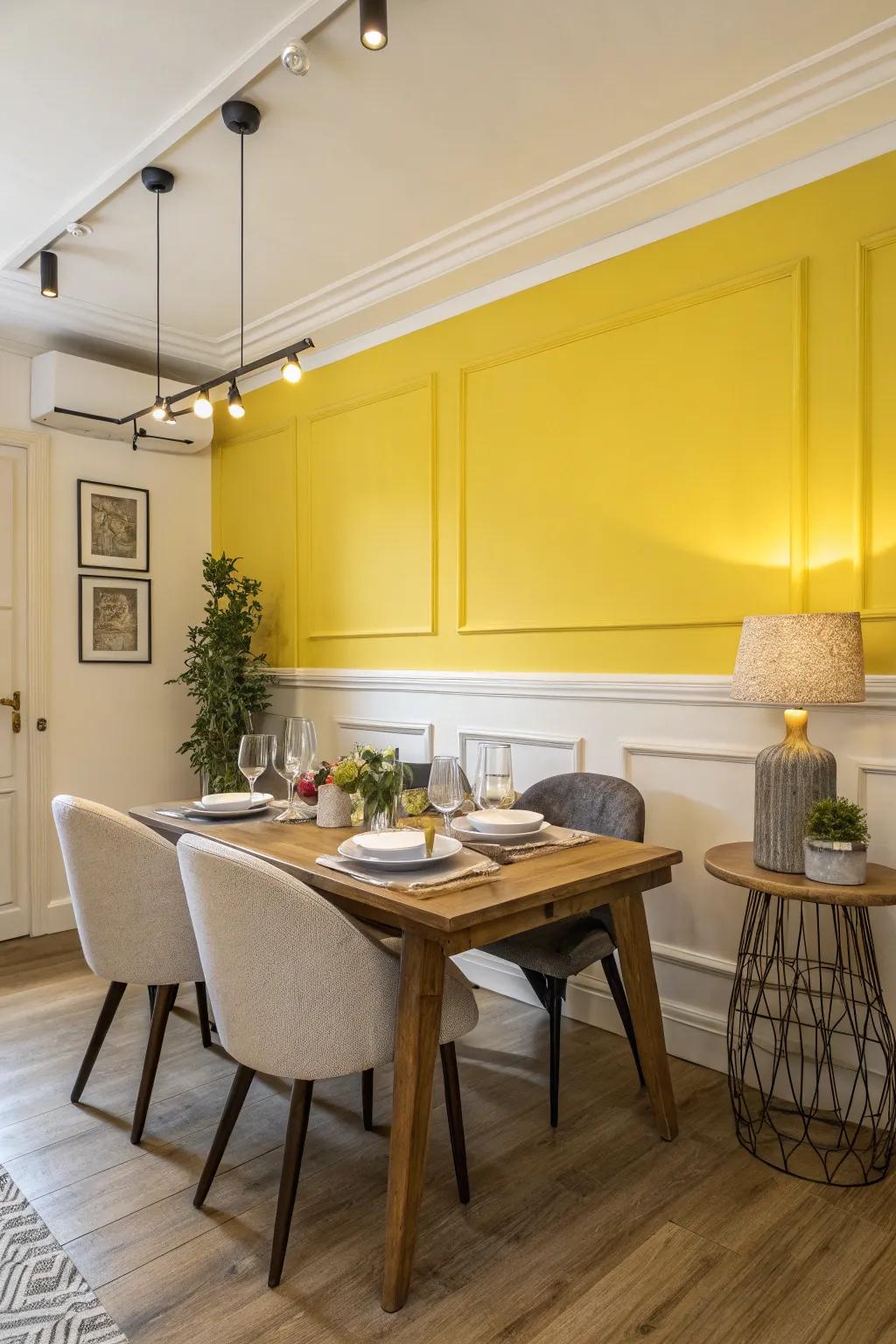 A dining room featuring a bold yellow accent wall.