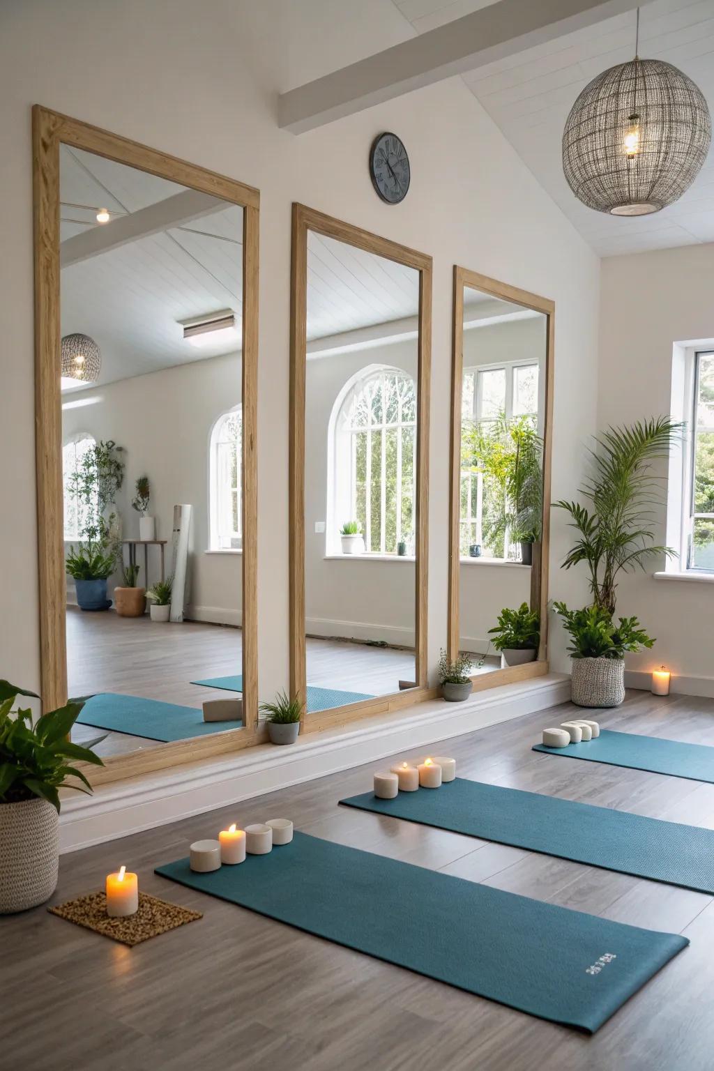 Spaces are brightened and enlarged with shiny surfaces.