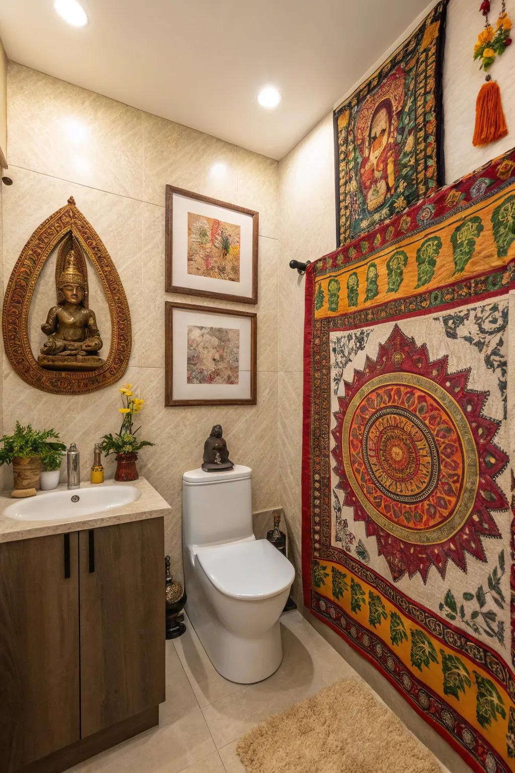 Cultural elements add depth to this half bath.