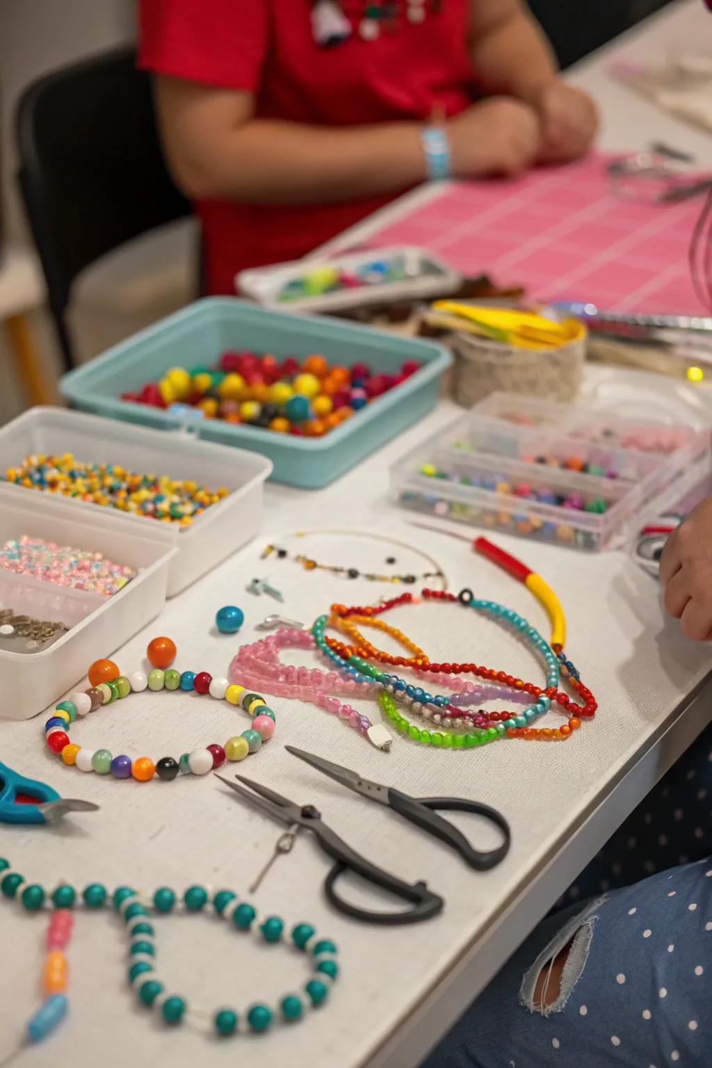 A jewelry-making station ready for creating personalized accessories.