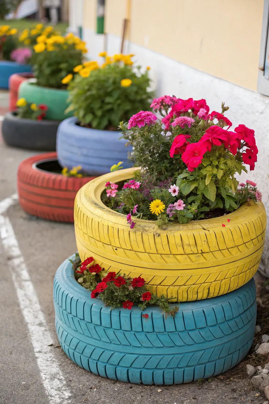Old tires are reborn as garden containers.