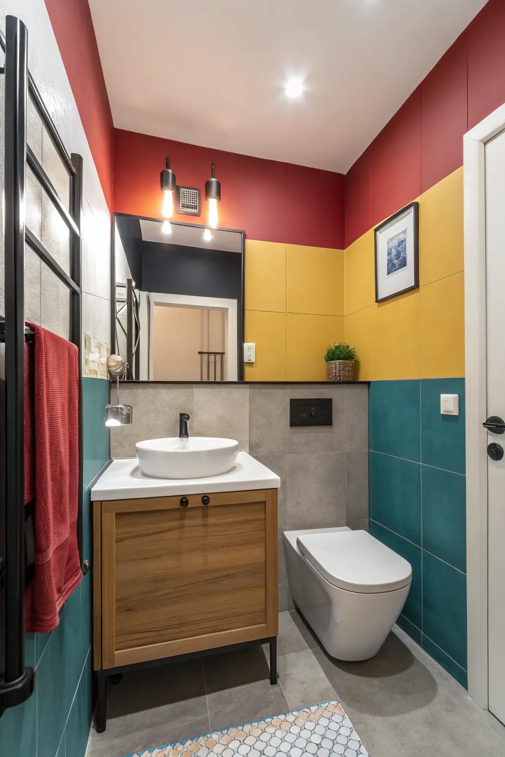 Creative color blocking introduces visual appeal and defines areas within the bathroom.