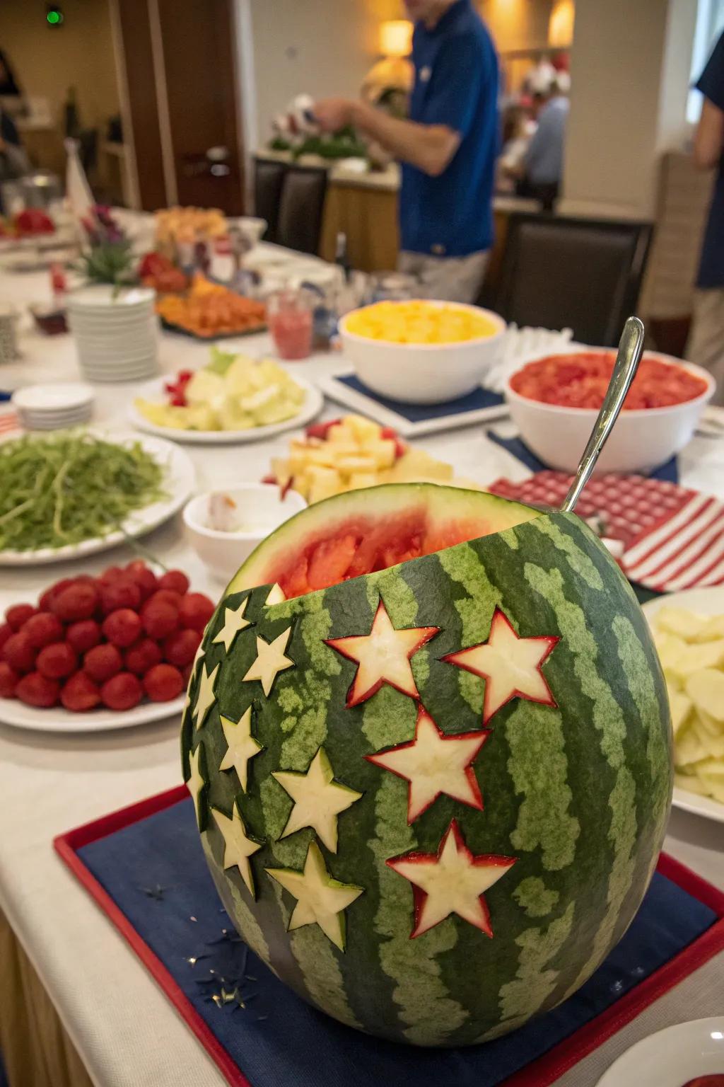 A carved watermelon centerpiece revitalizes and delights guests.