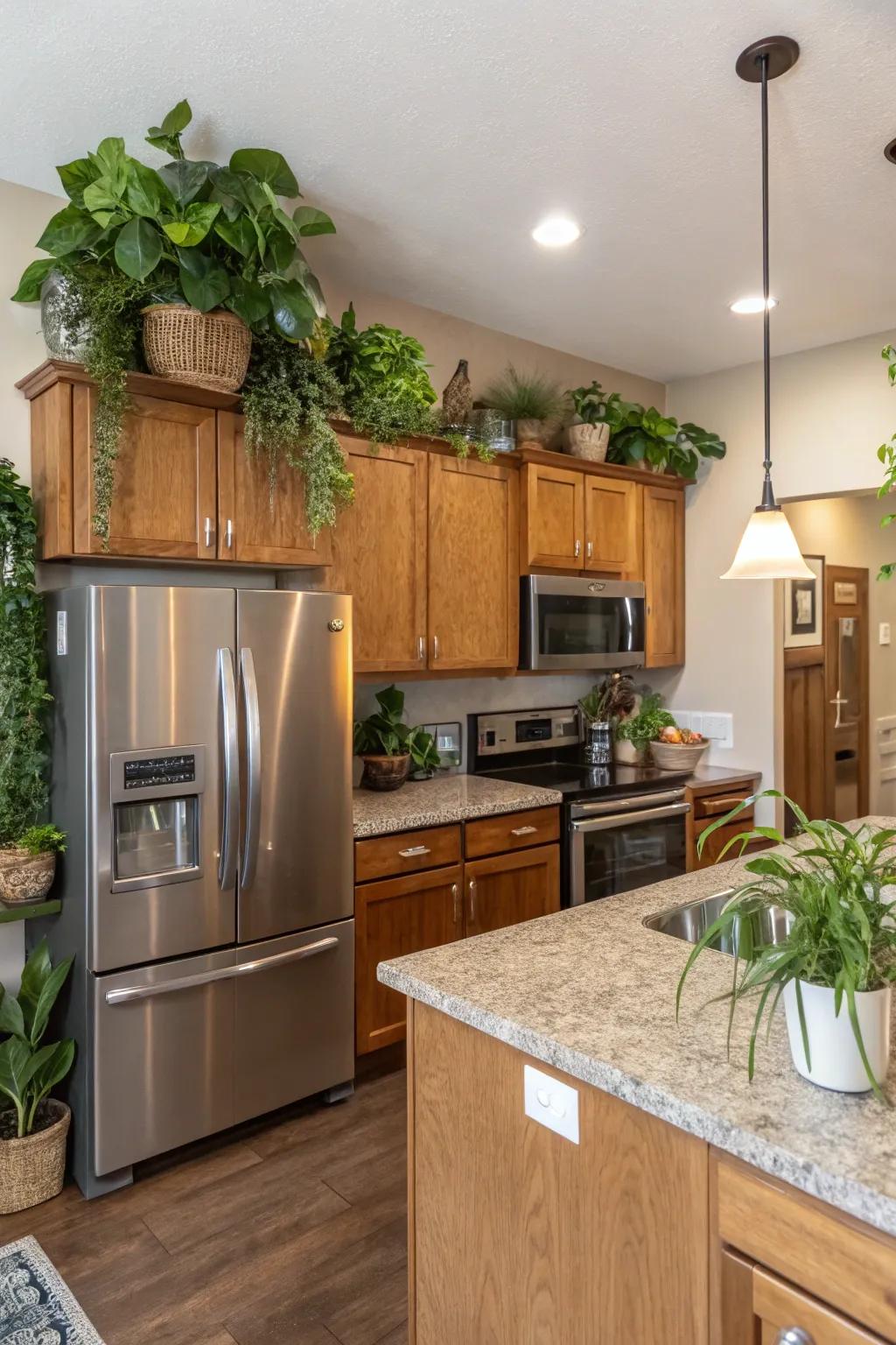 Potted plants introduce vitality plus pigment catering to your kitchen.