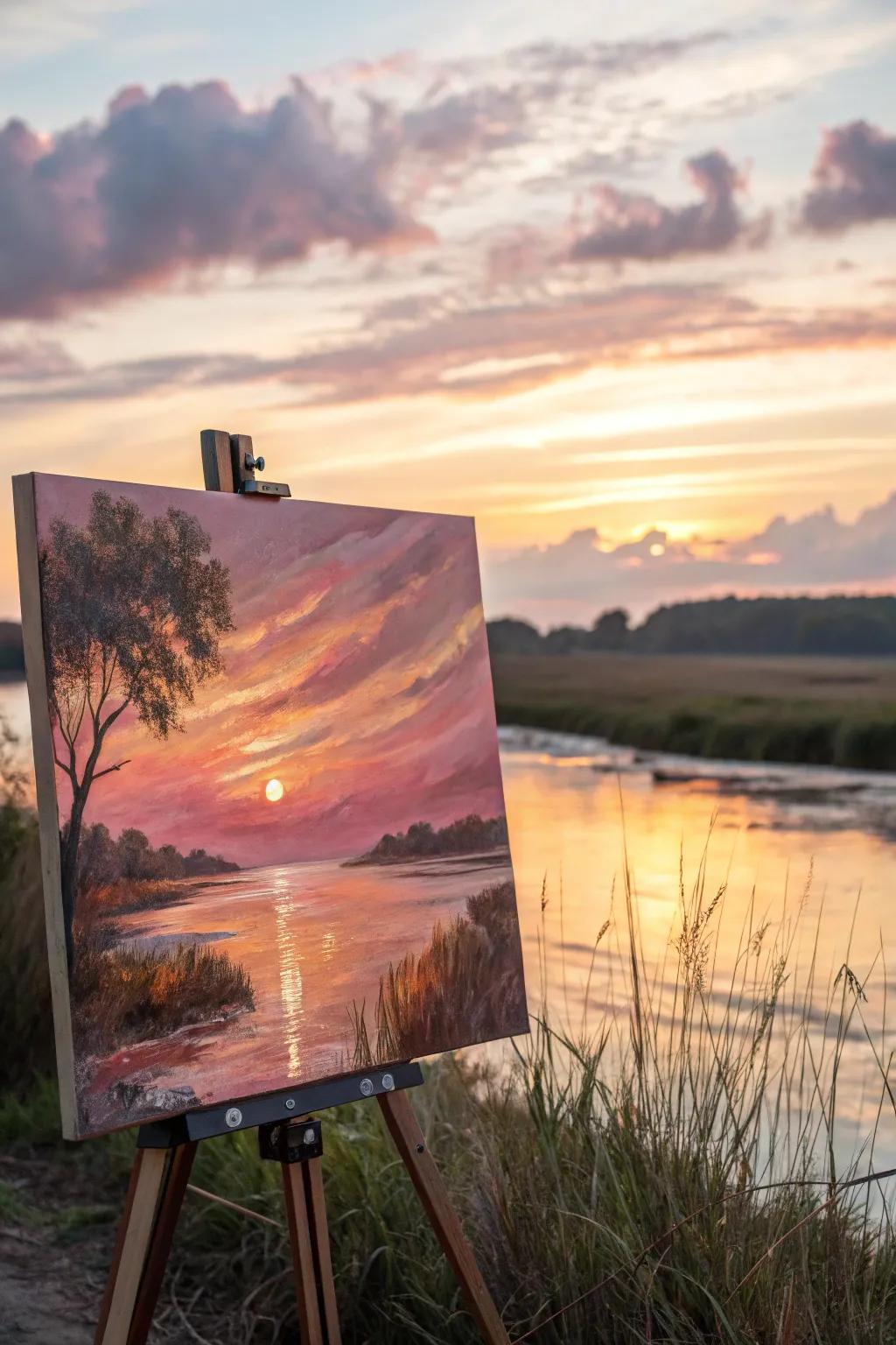 An abstract watercolor featuring serene sunset colors.
