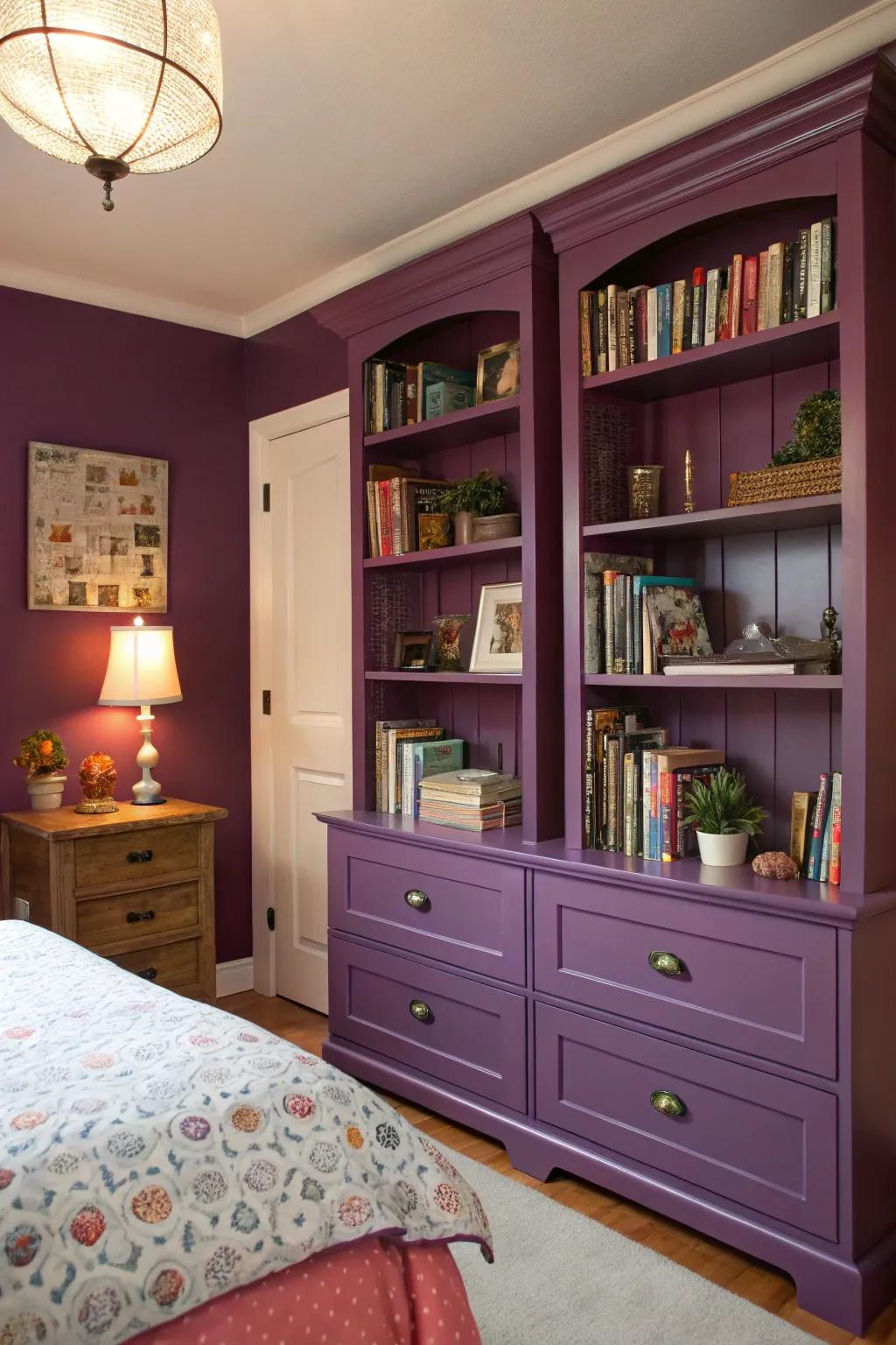 Add a pop of color with purple bookshelves.