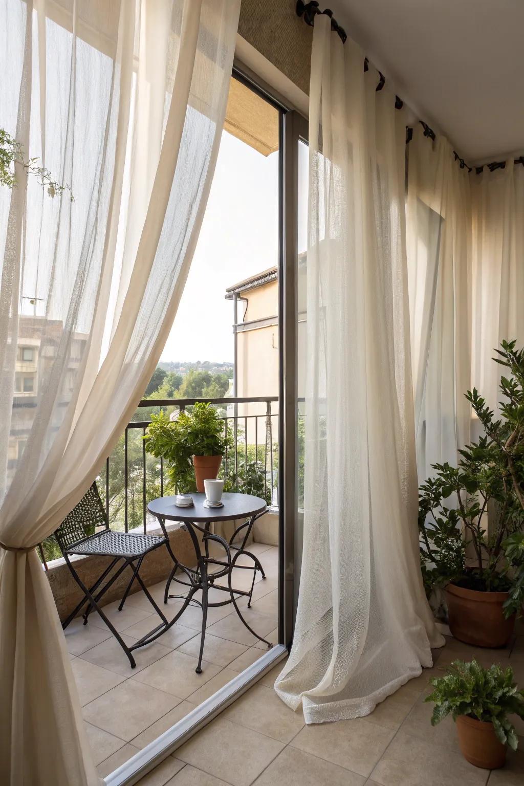 Exterior drapes provide elegance and enhanced seclusion.