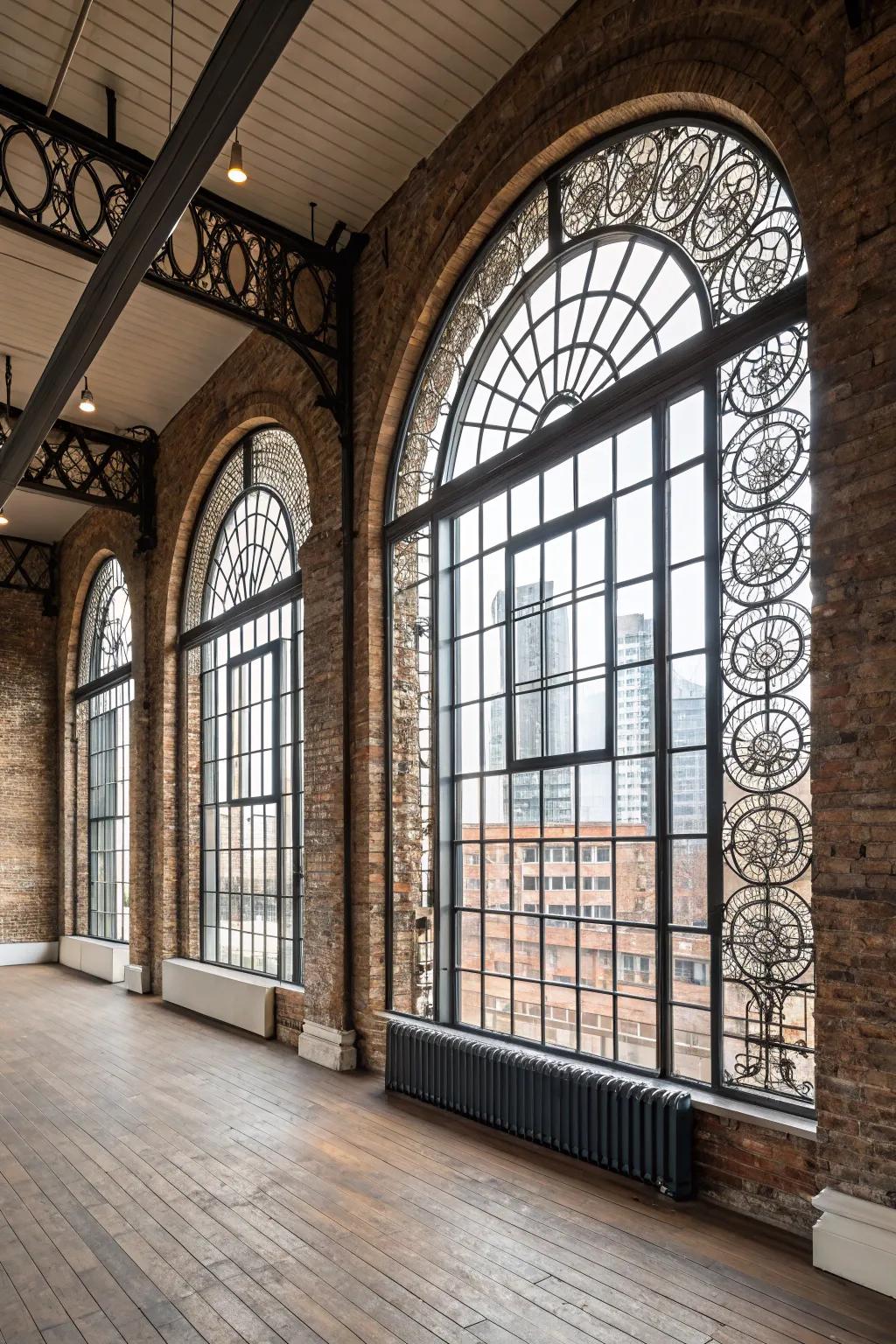A stylish industrial loft features artistic metalwork on arched windows, epitomizing urban elegance.
