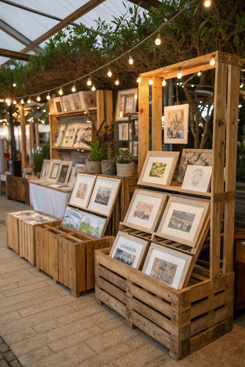 Crates provide a charming and practical solution for displaying prints.
