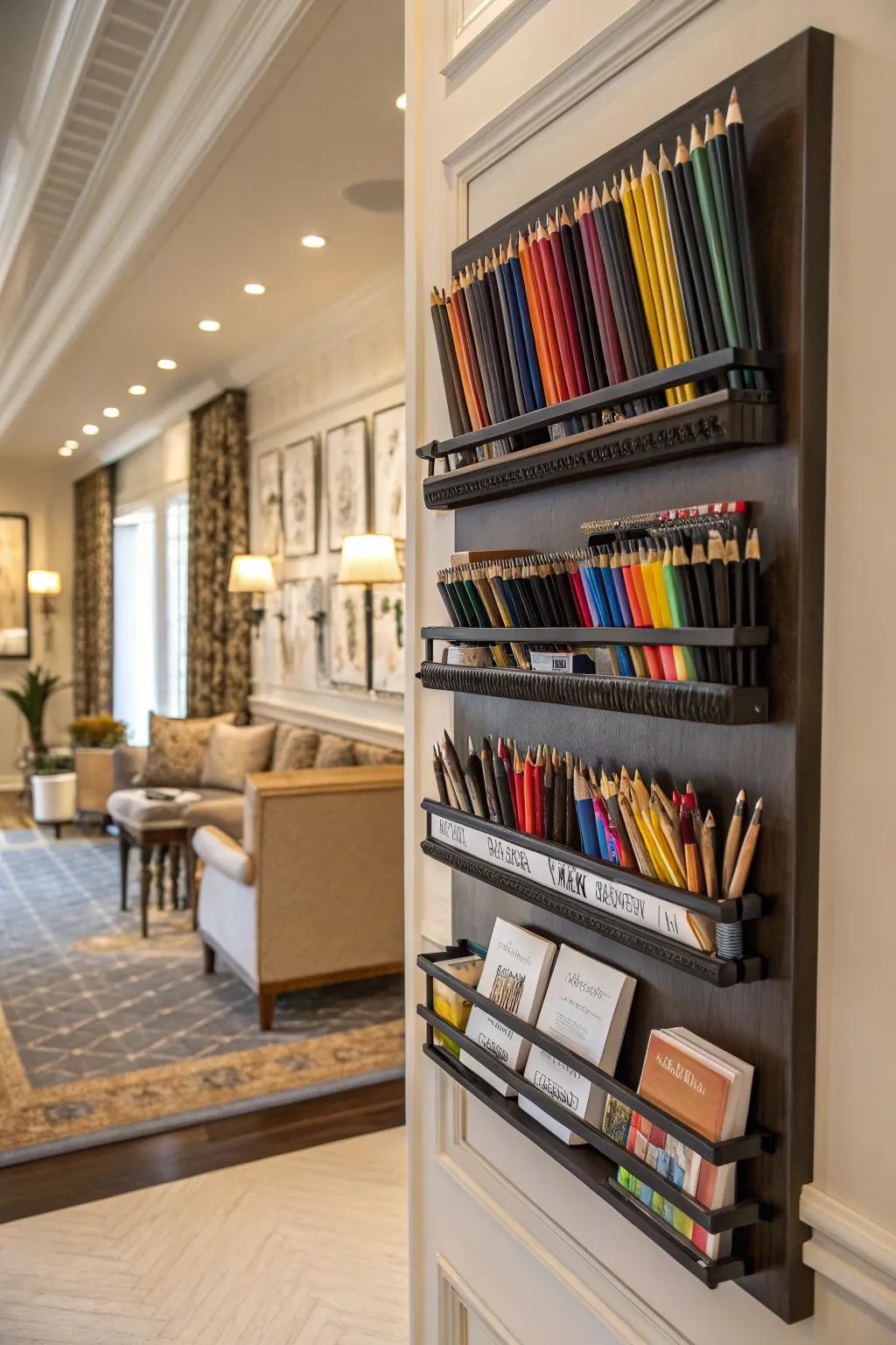 Custom wall-mounted racks offer personalized storage solutions.