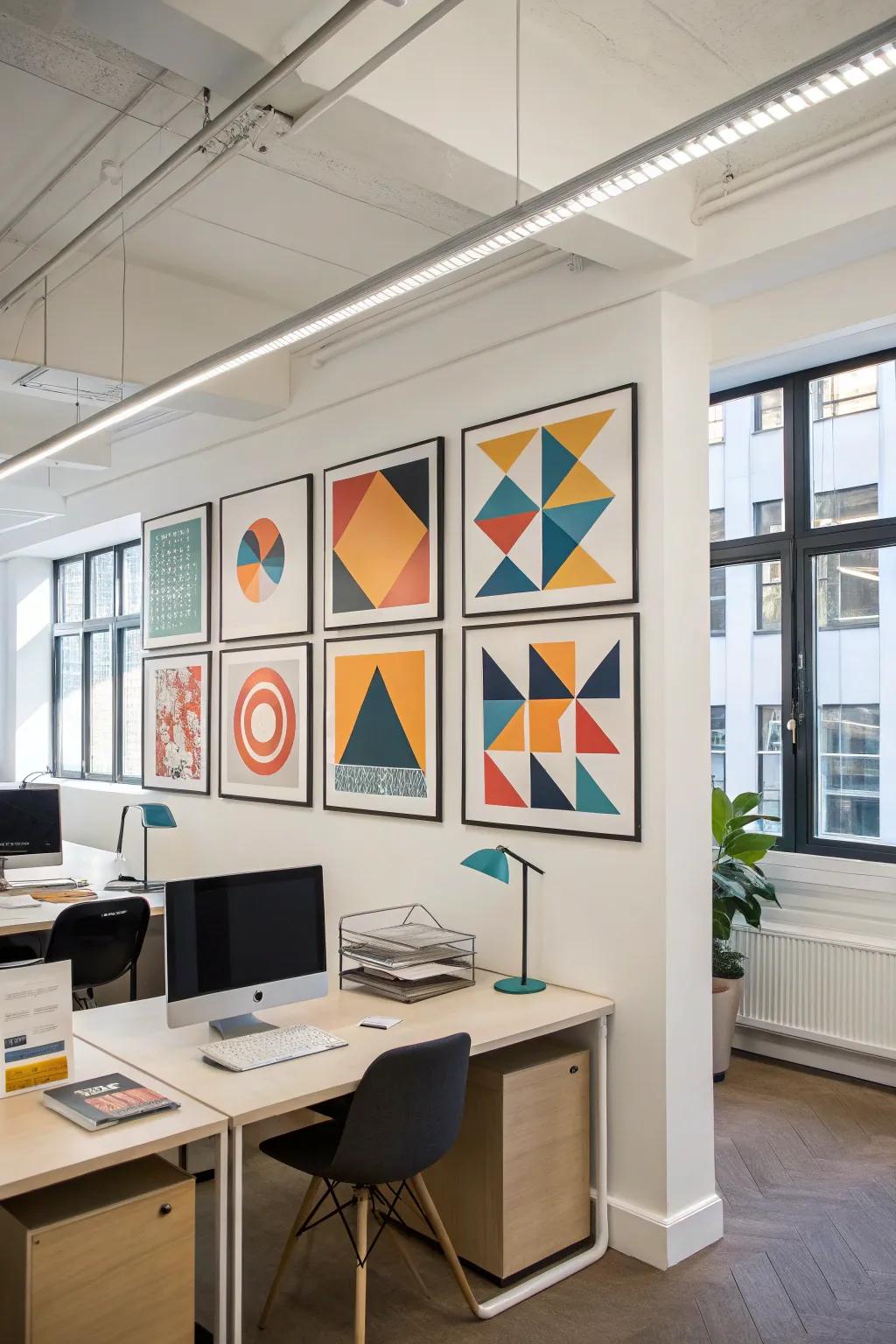 Geometric artistry offers a modern and refined vibe in the office.