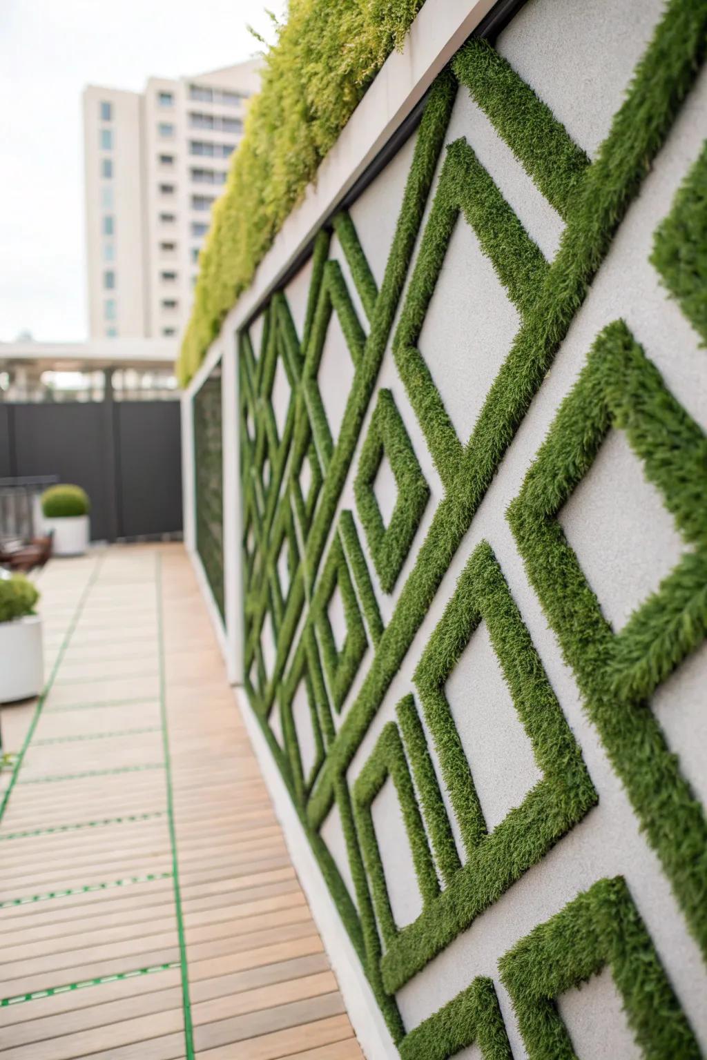 A wall featuring a bold geometric pattern made from artificial grass for a unique artistic touch.