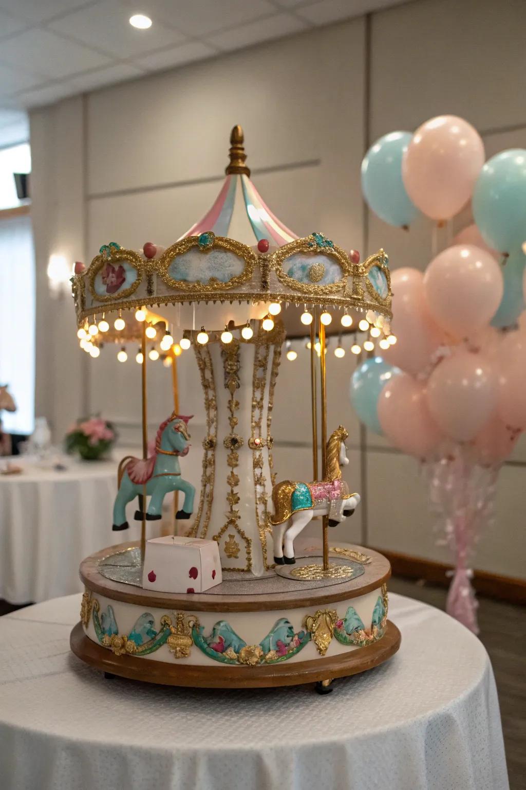 A scaled merry-go-round contributes nostalgia, playfulness.