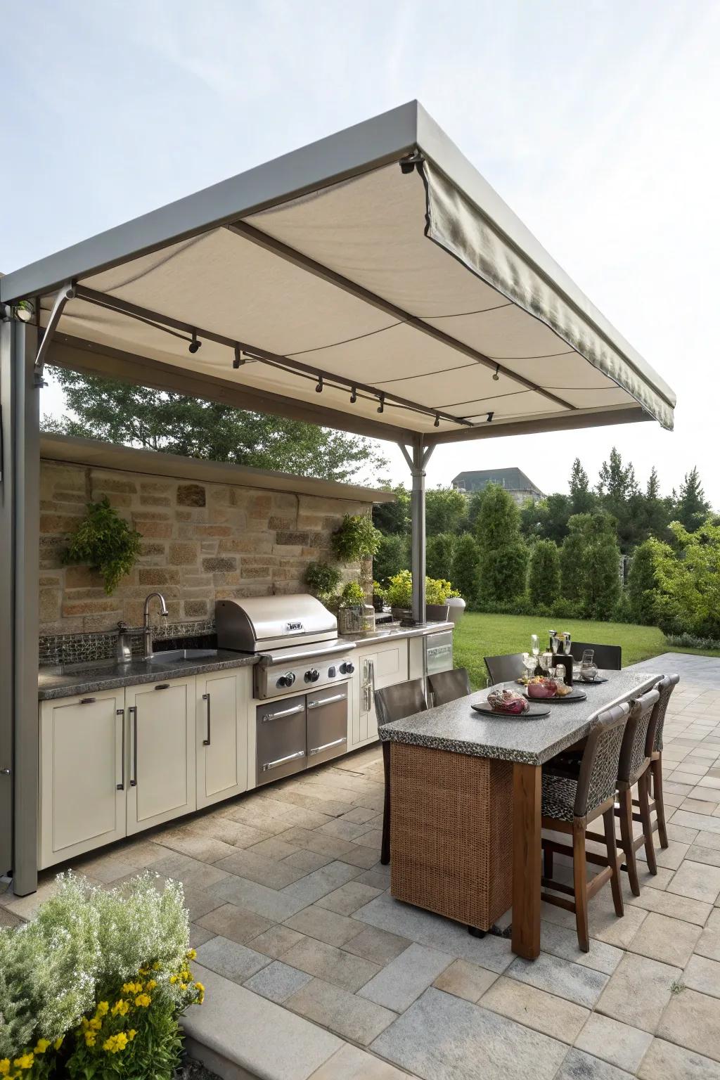 An adaptable shield furnishes year-round comfort in your outdoor kitchen.