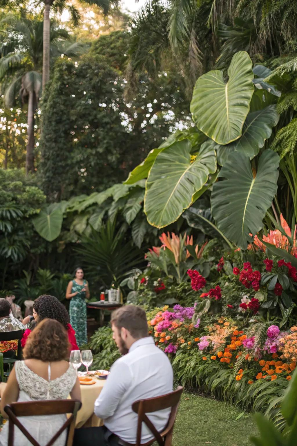 A tropical sheet scene adds an exotic touch to the garden party.