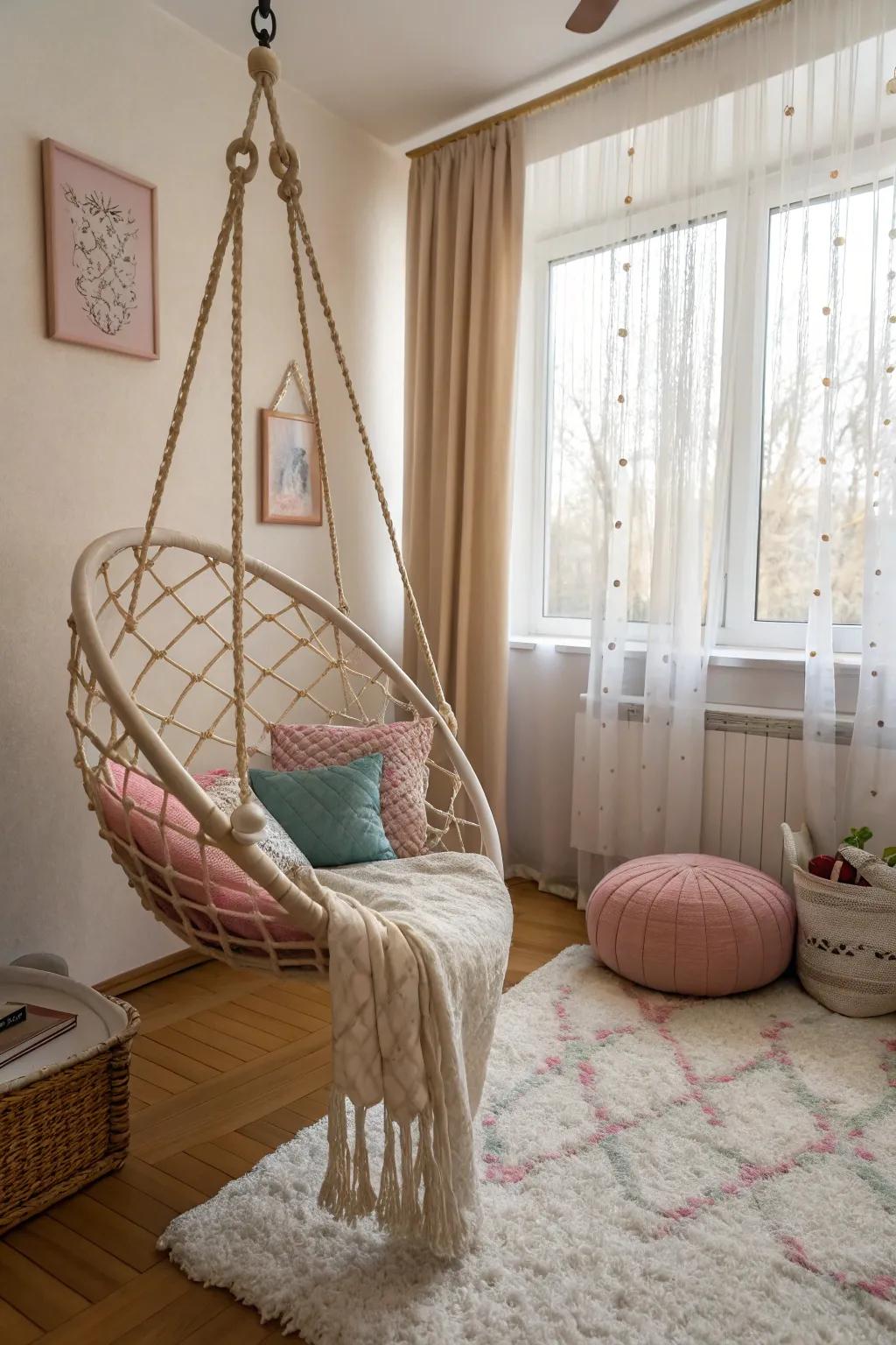 Suspended chairs add a playful, relaxing vibe.