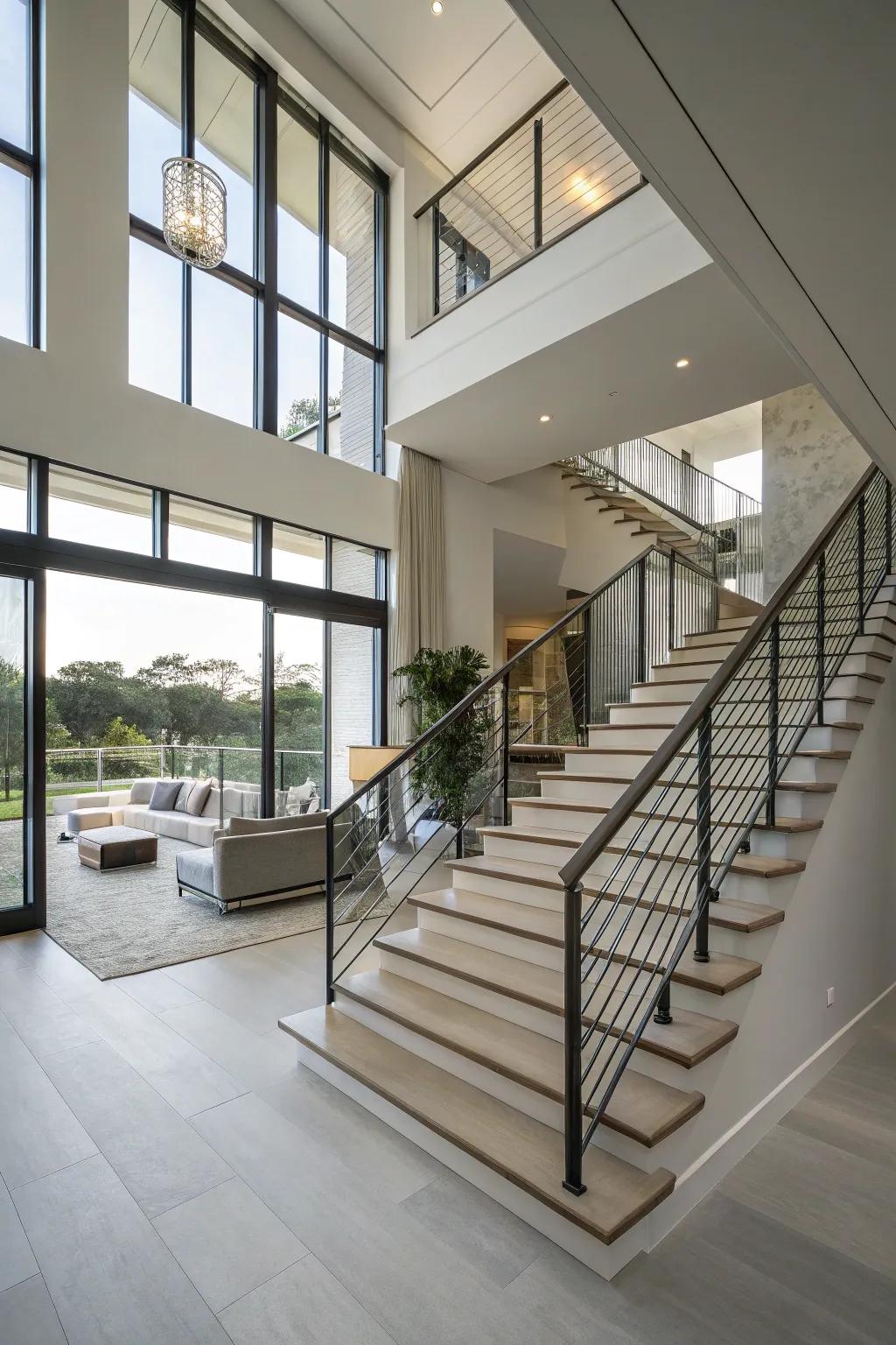 Modern elegance with hovering railings.