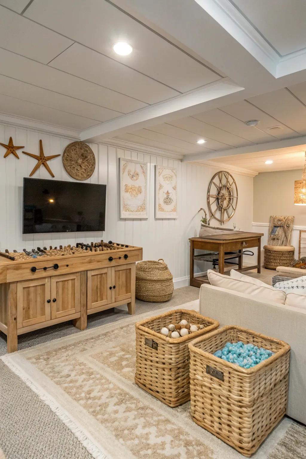 A farmhouse theme offers a comforting entertainment area.