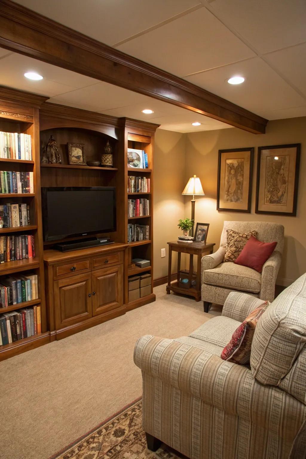A basement TV chamber showcasing a snug reading alcove with a comfortable chair and bookshelf.