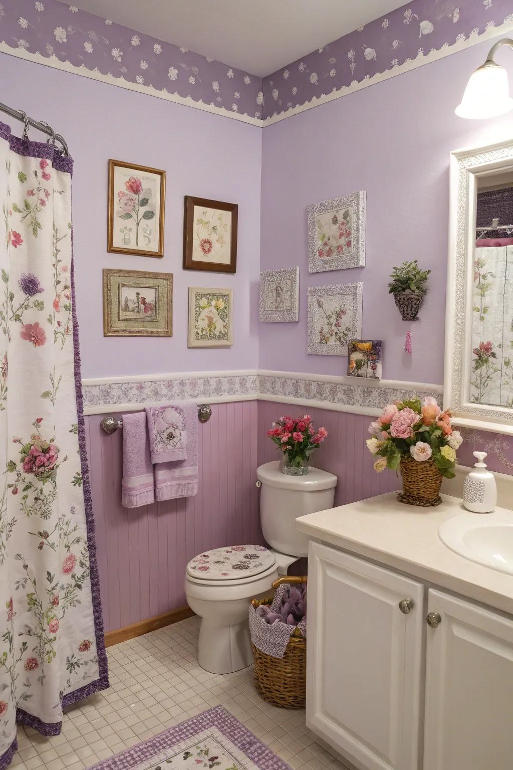 Light purple walls add a fun and calming touch to the bathroom.