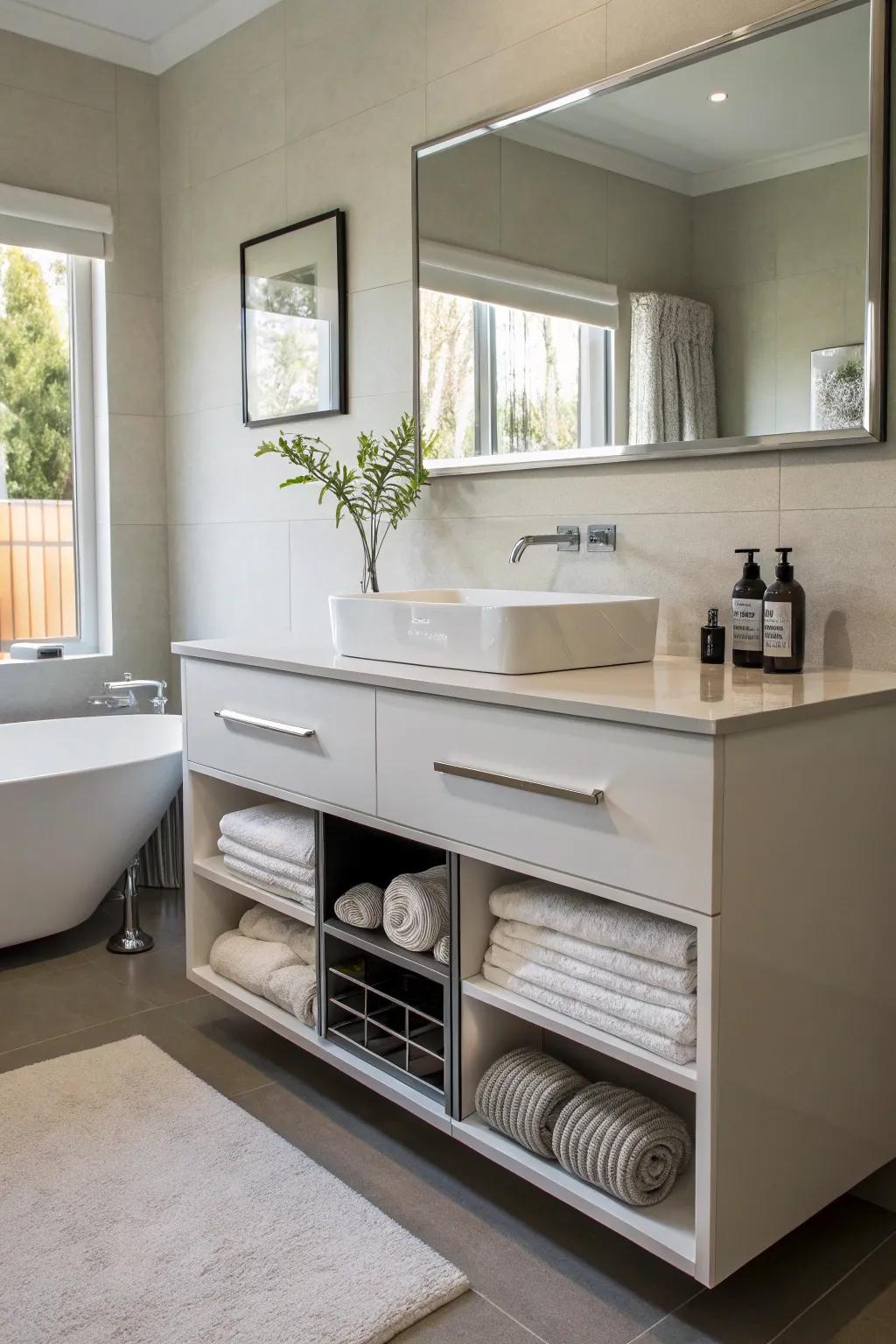 Floating vanities offer sleek and integrated towel storage solutions.