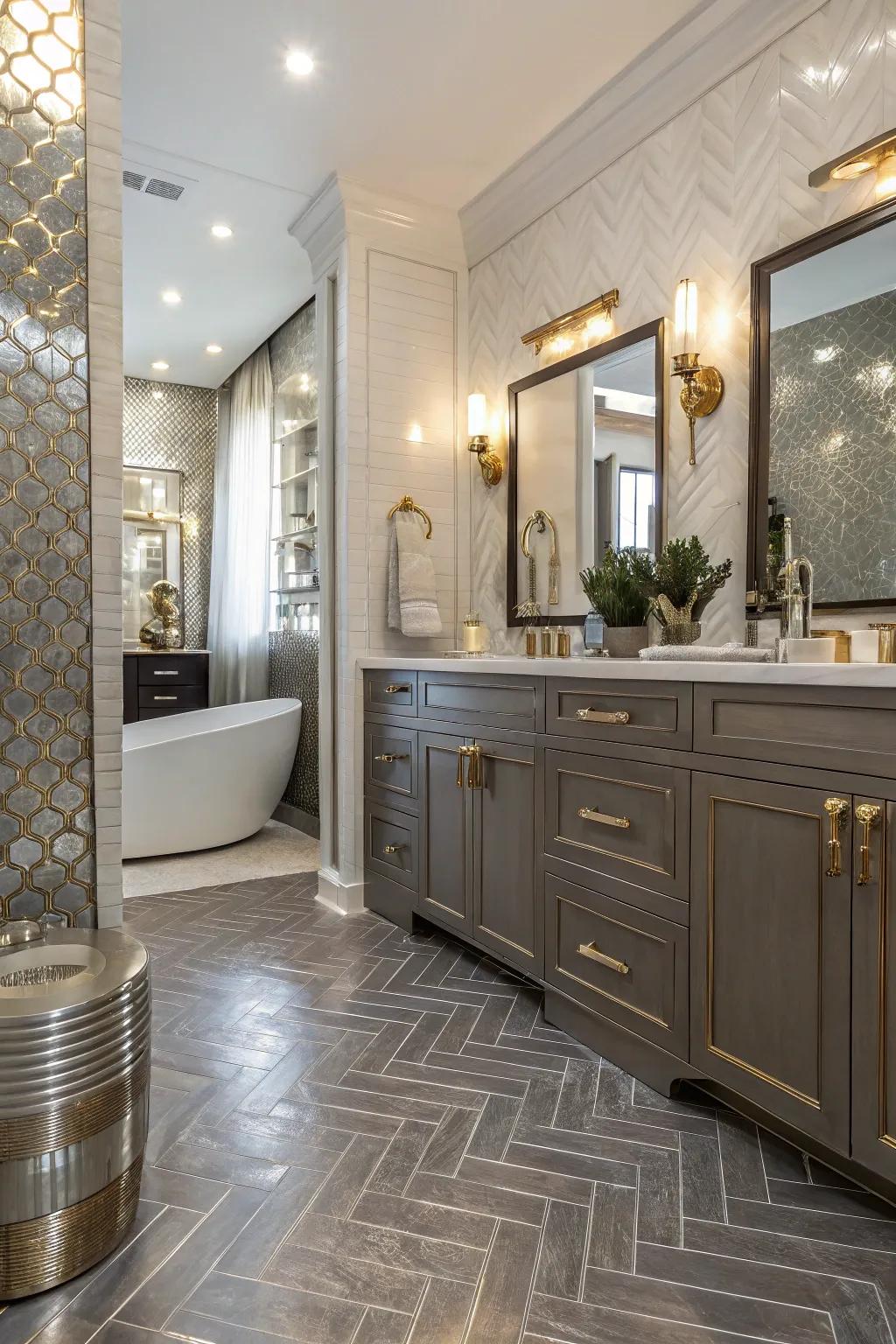 Metallic-accented resilient flooring adds a touch of glamour to this luxurious bathroom.