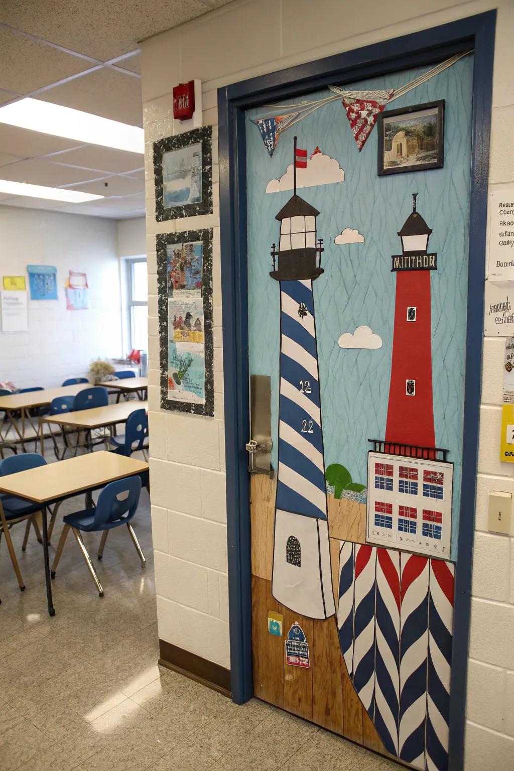 A classroom door with a sailor's luminary theme guiding educational voyages.