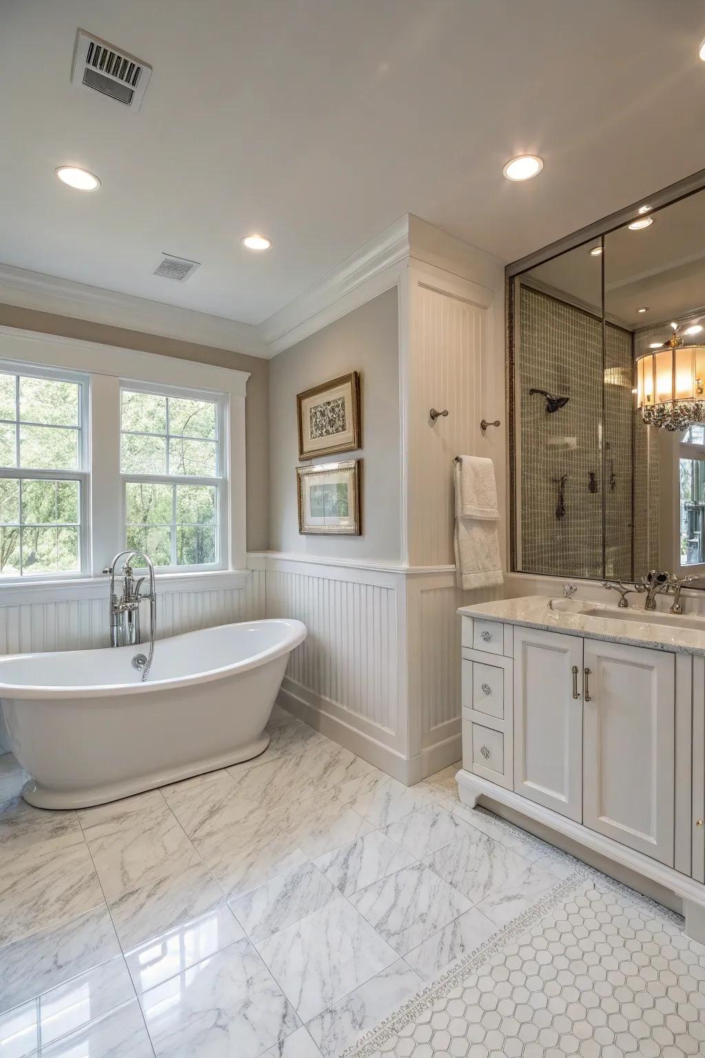 A luxurious master bath featuring elegant beadboard.