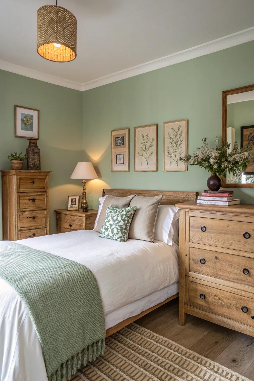 Soothing sages offer a peaceful and harmonious bedroom getaway.
