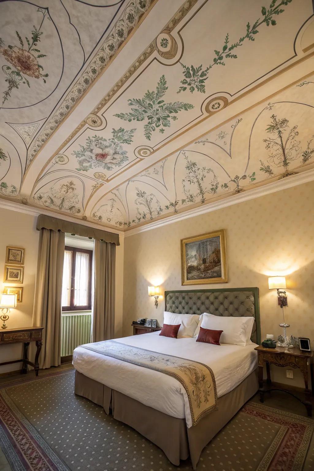 Ceiling decor appends a surprising twist to this fashionable bedroom.