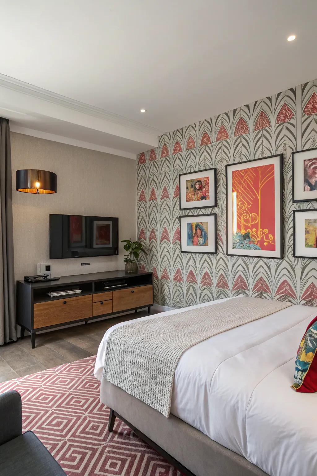 A feature wall introduces depth and emphasis to your bedroom's TV area.