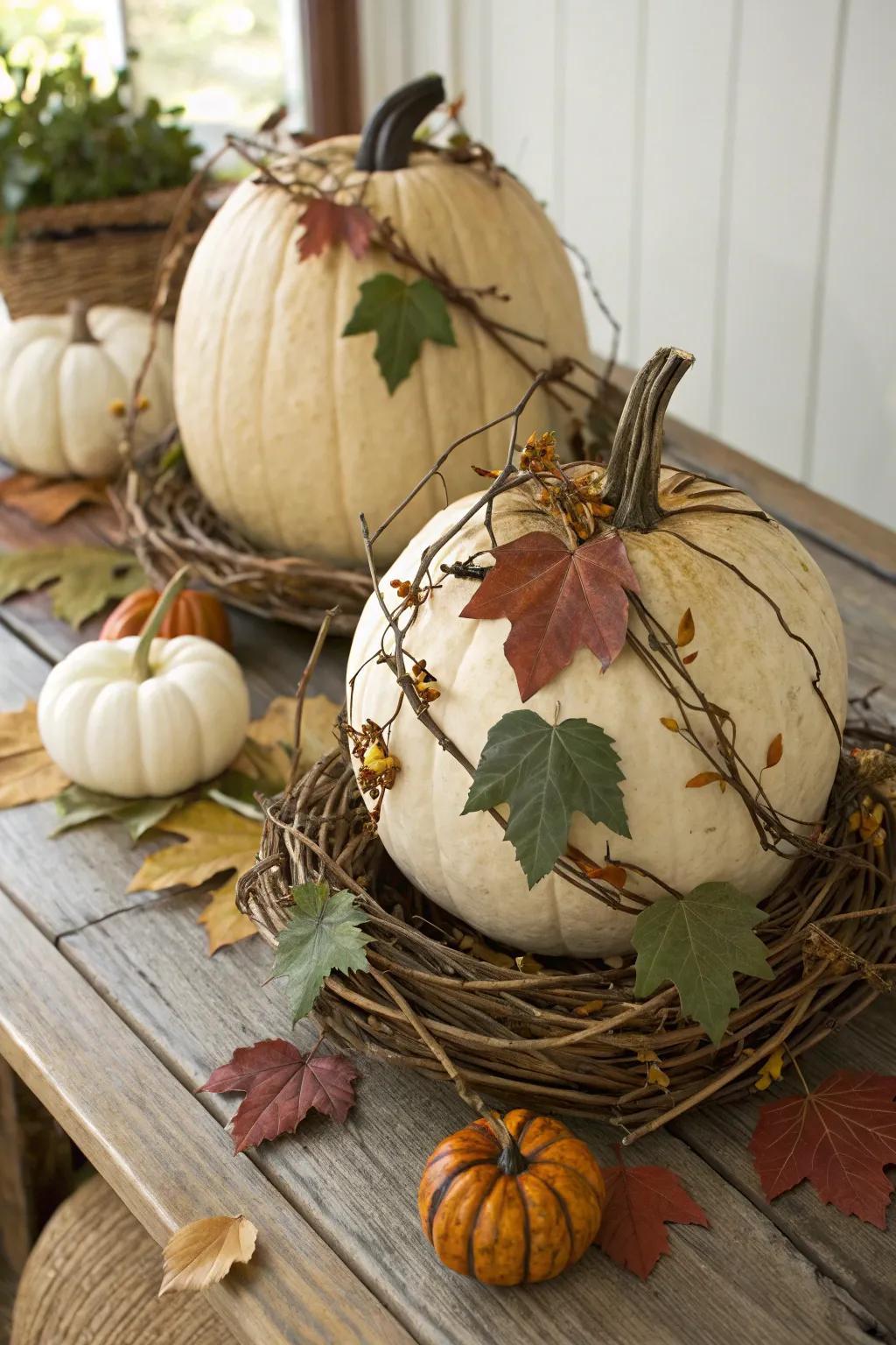 Incorporate organic textures utilizing pumpkins adorned with twigs and foliage.