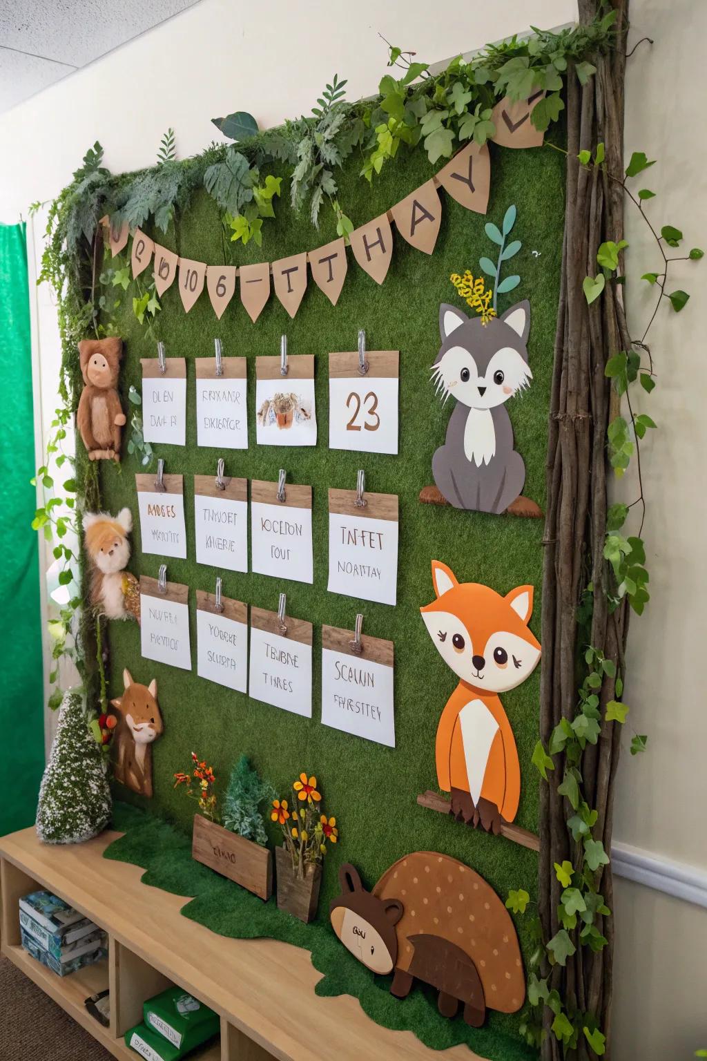 Forest-themed birthday board for a magical touch.