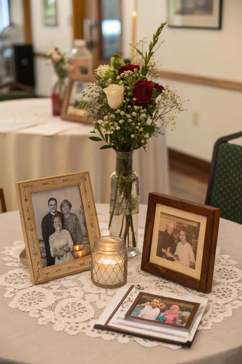 Personal keepsakes render your centerpiece unique and precious.