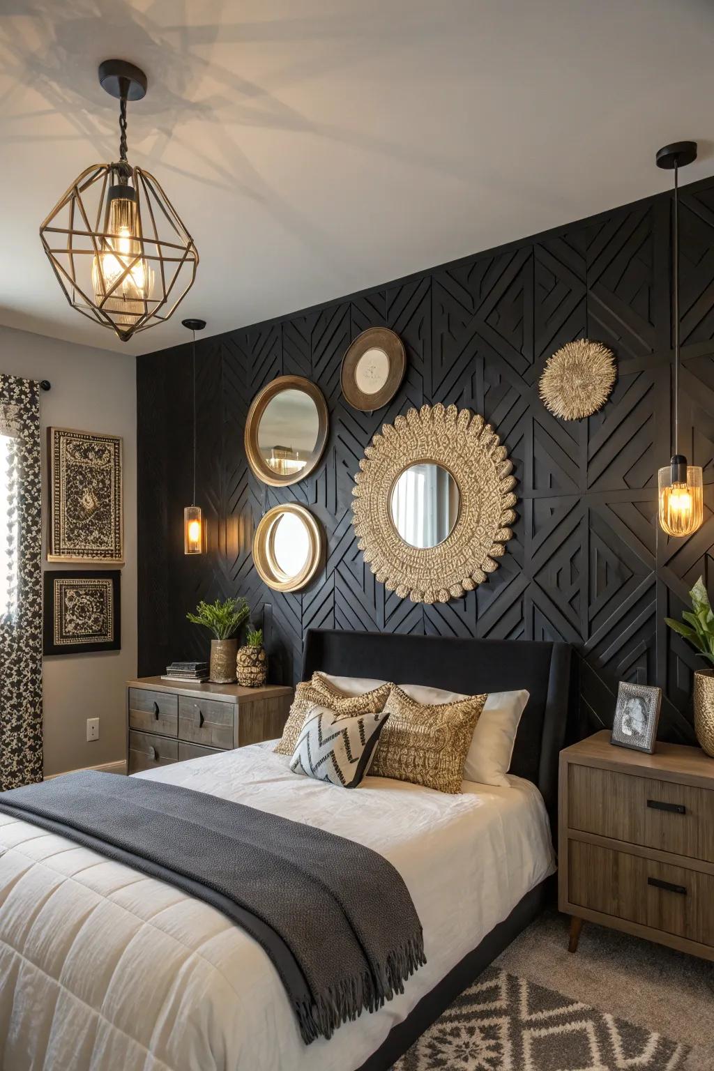Layered decor elements craft visual fascination over a black statement wall.
