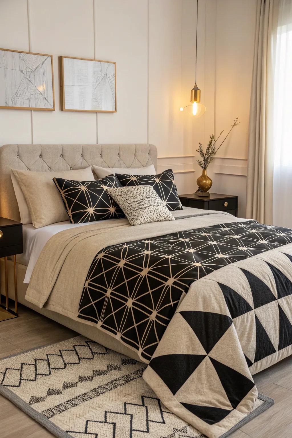 Geometric patterns add a modern touch to the bedding.