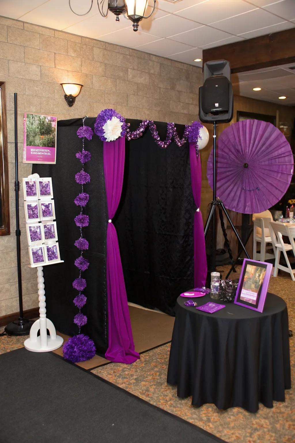 A fun photo spot with purple props and a dark backdrop.
